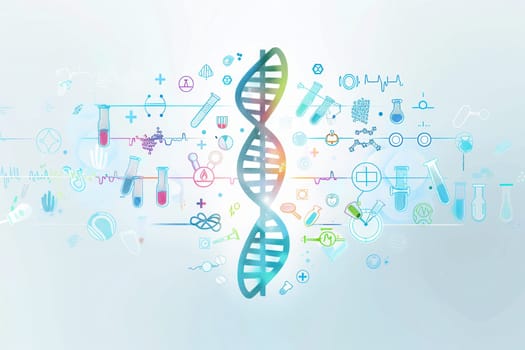 A vibrant double helix DNA strand is surrounded by various medical symbols, representing the essence of contemporary biomedical exploration and innovation.