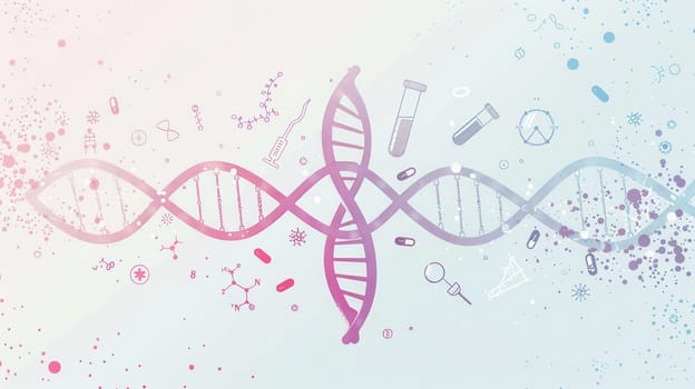 A double helix DNA strand is depicted amidst various medical icons, including microscopes, test tubes, and stethoscopes, symbolizing genetic research.