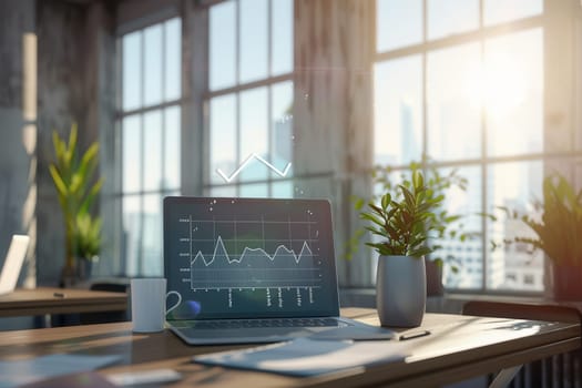 Natural light pours into a sleek office, highlighting a laptop with data graphs, surrounded by plants and a coffee cup, creating an inspiring work environment.