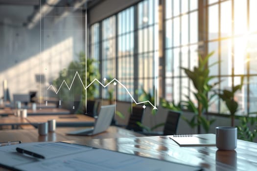 A modern office features large windows that let in sunlight, enhancing productivity. Indoor plants and workspace elements create a welcoming atmosphere.