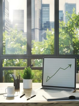 A sleek office features a laptop displaying growth trends beside a coffee cup and greenery, all illuminated by sunlight streaming through large windows.