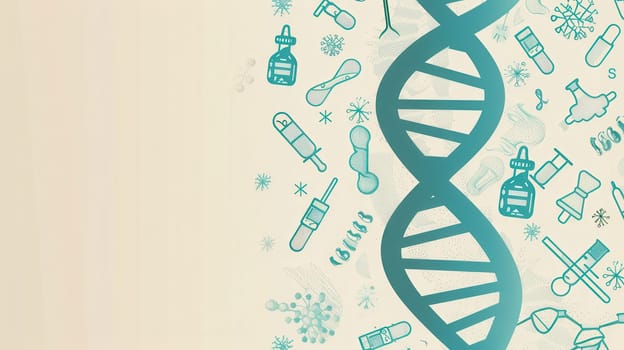 A double helix DNA strand is surrounded by medical icons representing scientific tools and innovations in the field of health and research.