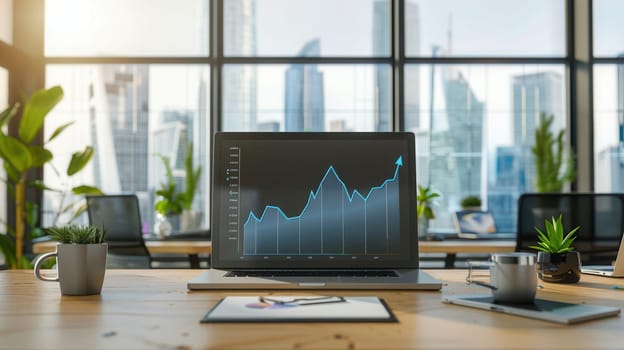 A bright office features a laptop displaying a growth chart, surrounded by plants, with city skyline view through large windows.