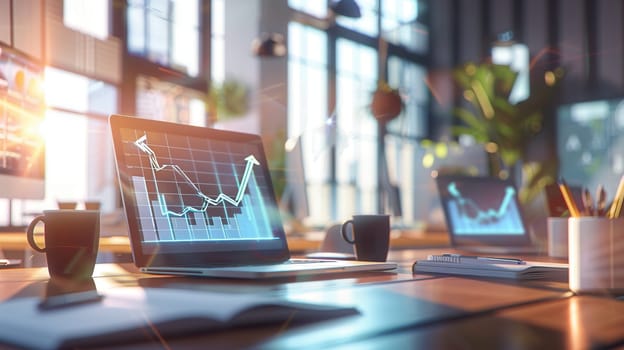 A contemporary office setup featuring sleek desks, bright natural light, and laptops displaying increasing data trends and growth metrics.