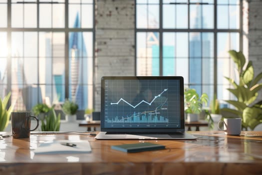 A stylish office features large windows, allowing natural light to illuminate a workspace with a laptop displaying a growth graph and coffee mugs.