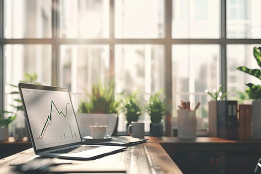 A sleek office desk is illuminated by sunlight, showcasing a laptop with graph data and coffee, surrounded by vibrant green plants.