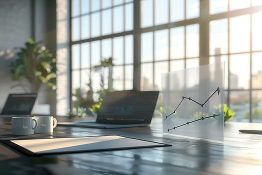 Natural light floods a modern office with large windows, featuring sleek furniture and technology for a productive work atmosphere.