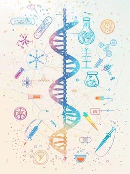 A double helix DNA strand is illustrated among various medical icons, including microscopes, test tubes, and stethoscopes, representing scientific exploration.