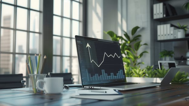 A bright office features a laptop displaying data trends, surrounded by plants and a coffee cup on a sleek wooden desk.