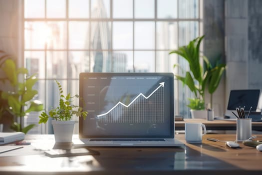 A sleek workspace features a laptop displaying a growth chart, surrounded by greenery, with sunlight streaming through large windows.