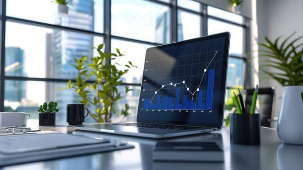 A sleek office features a laptop showing a growth chart, surrounded by plants and natural light streaming through large windows.