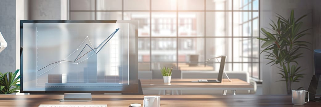 A sleek office features large windows allowing sunlight, highlighting a computer display with a rising chart indicating business progress.