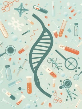A double helix DNA strand is surrounded by medical icons like microscopes, test tubes, and stethoscopes, symbolizing scientific research and discovery.