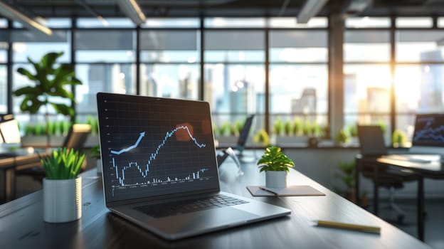 A sleek office features a laptop displaying graphs beside small plants, with large windows providing abundant natural light and a view of the city.