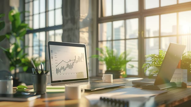 A modern workspace features large windows allowing sunlight to illuminate the room filled with plants, laptops, and data charts on the desk.