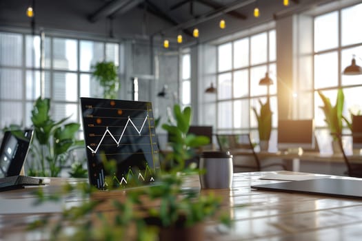 A modern office features a digital growth chart, large windows allowing sunlight, and green plants creating a vibrant and productive workspace.