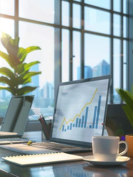 Bright sunlight streams through large windows in a sleek office, highlighting a laptop displaying an upward growth chart alongside greenery and a coffee cup.