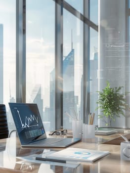 Natural light floods this modern office, highlighting a laptop and various desk items amidst a sleek, professional atmosphere.