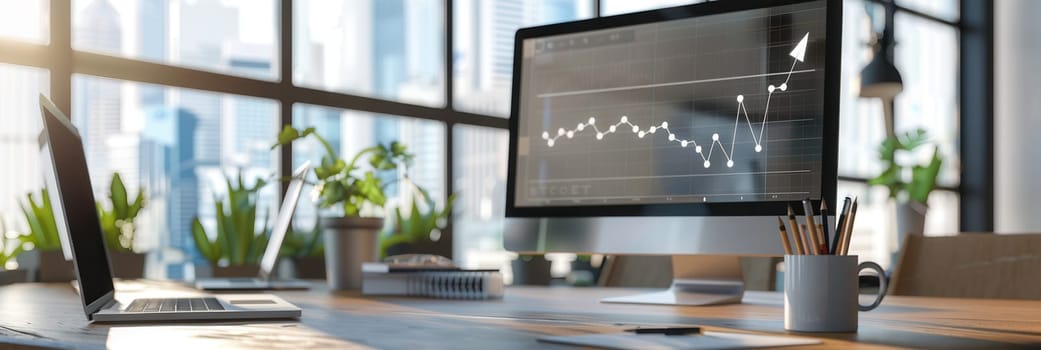 A contemporary office features large windows that allow ample natural light, showcasing a technology-focused workspace with sleek decor and data displays.