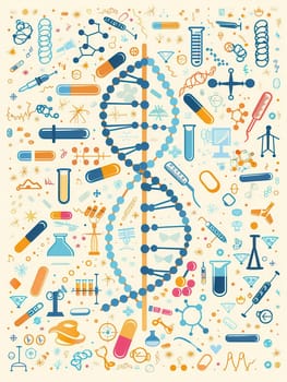 A DNA double helix is central, encircled by medical icons including test tubes, microscopes, and stethoscopes, symbolizing genetic research and healthcare.