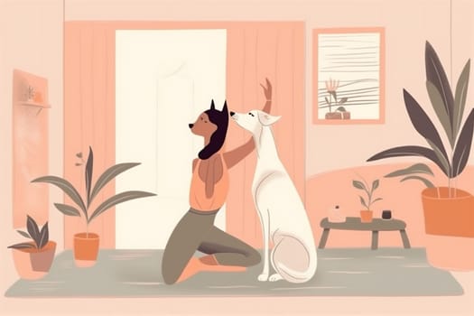 dog woman flat person mat fitness lifestyle cat girl training body relax home sport zen relaxation practice female yoga cartoon young. Generative AI.