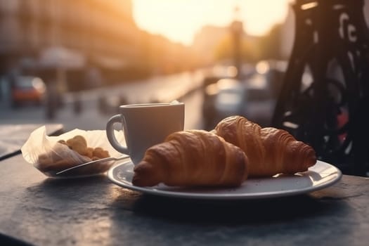 bake food table landmark breakfast paris croissant france bar dessert coffee tower fresh delicious cup pastry retro city drink french. Generative AI.