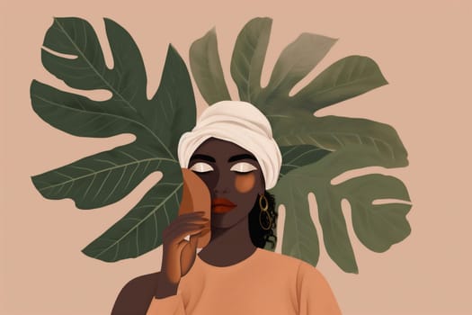 portrait woman american card graphic leaf art modern tropical poster beauty shape trendy minimalism print palm design african girl summer abstract beige. Generative AI.