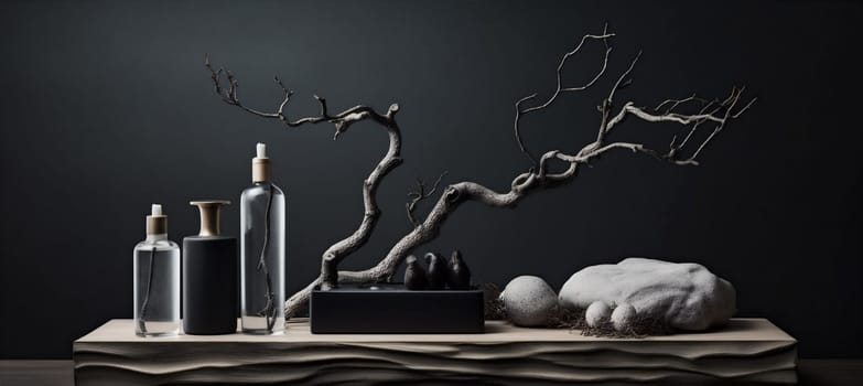 product dais background bottle composition nature creative eco beauty natural tree concept branch beige tree scene copy halloween presentation design cosmetic space layout. Generative AI.