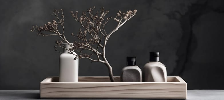 nature cosmetic tree white layout natural background beauty halloween product closeup bottle exhibition minimalism sale tree trendy creative stone composition branch dark. Generative AI.