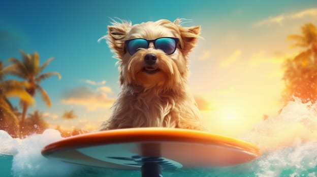 power dog humor surf holiday surfer sand tropical surfing summer trip labrador vacation funny beach sun animal puppy wave ocean. Generative AI.