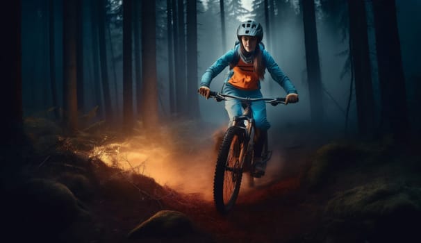 woman nature walking landscape bicyclist biker sunset biking forest young dark cycle cycling healthy bicycle sport summer lifestyle recreation bike activity. Generative AI.