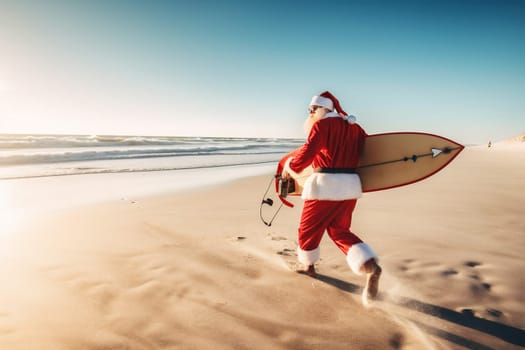 coming water seashore surfing destination day santa holiday background summer sea beach vacation sand costume hat claus island christmas red. Generative AI.