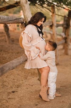 A pregnant woman with her son walks in the countryside in the summer.