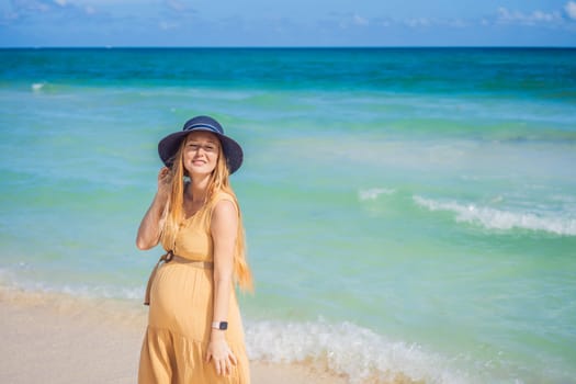 Radiant expectant mother, serene against a stunning turquoise sea. A moment of blissful anticipation amidst nature's beauty.