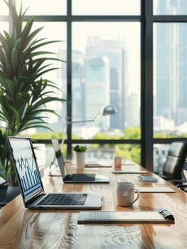 A sleek office features large windows that illuminate the workspace with natural light, showcasing a city backdrop and organized workstations.