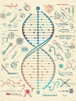 A vibrant double helix DNA strand interacts with various medical icons representing tools and concepts in the field of genetic research and healthcare.
