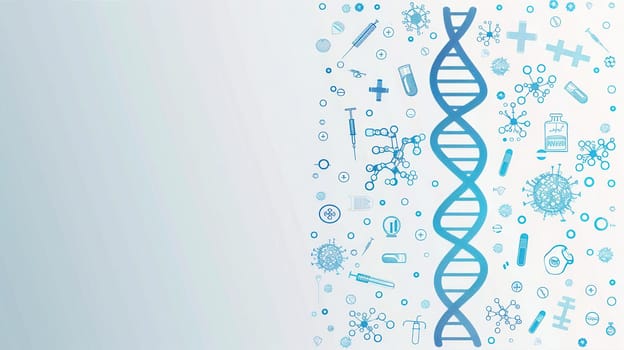 A double helix DNA strand is prominently displayed, surrounded by medical icons like microscopes, test tubes, and stethoscopes representing scientific exploration.