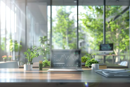A spacious office features large windows, allowing natural light to illuminate a desk adorned with plants and a laptop displaying analytics.