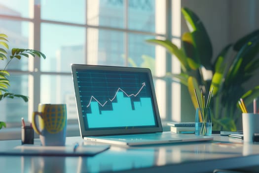 A sleek office features a laptop displaying growth metrics, plants, and stationary, taking advantage of natural light from large windows.