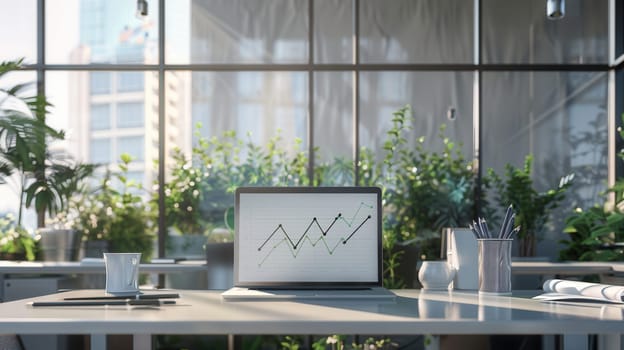 A contemporary office features a laptop displaying growth charts, a coffee cup, and greenery enhancing the inviting atmosphere.