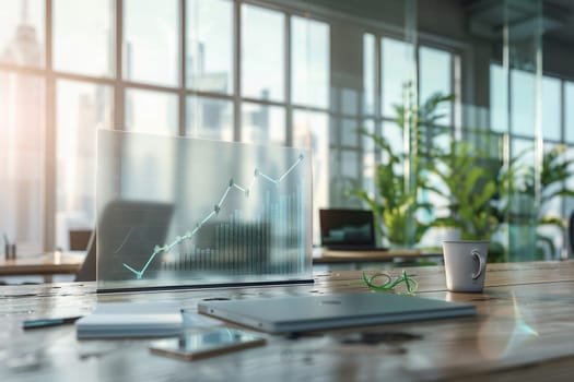 A sleek workspace with large windows illuminating a table featuring a growth graph, laptop, glasses, and a coffee cup, fostering productivity and creativity.