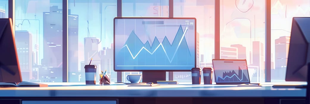 A sleek office features large windows showcasing natural light, with computers displaying financial graphs and coffee cups strategically placed on the desk.
