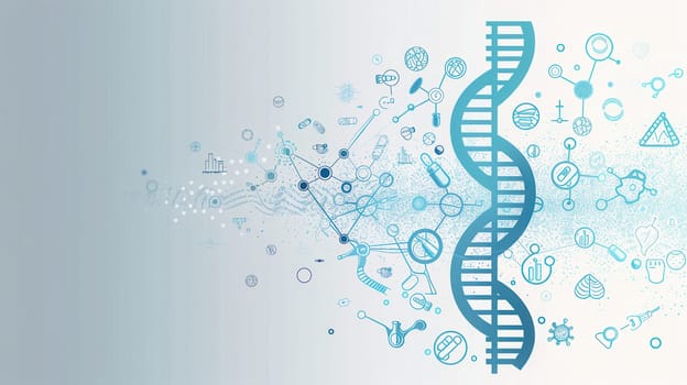A blue double helix DNA strand is surrounded by various medical icons, representing scientific exploration and advancements in healthcare and biology.