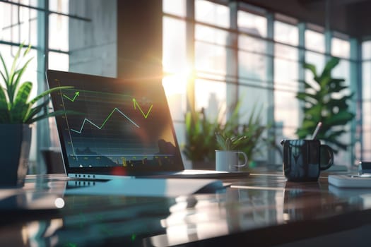 A sleek office showcases a laptop displaying financial graphs, surrounded by plants and a coffee mug, all illuminated by the warm glow of the setting sun.