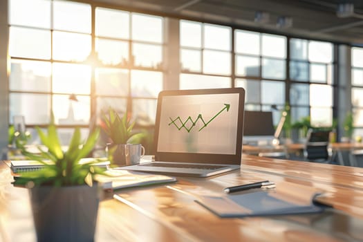 A bright modern office features a sleek desk, laptop displaying a growth chart, and plants, emphasizing productivity and a collaborative atmosphere.