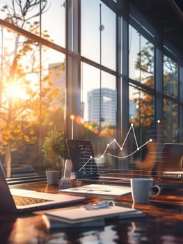 Natural light fills a contemporary office workspace with a laptop, coffee cup, and digital graph display, creating an inspiring environment for productivity.