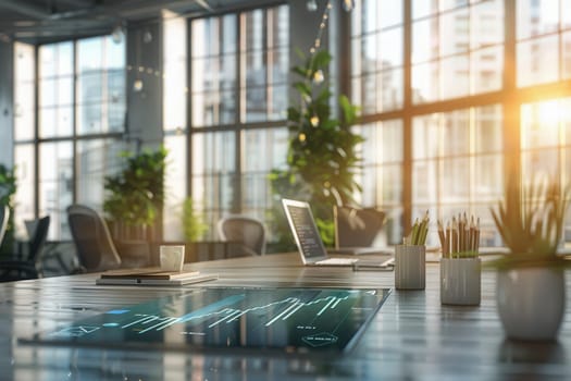 A sleek office features large windows with sunlight streaming in, highlighting a modern workspace with plants, a laptop, and innovative technology displayed on the desk.