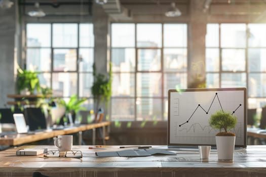 A sleek workspace features a desk with a laptop displaying a graph, surrounded by plants and natural light streaming through large windows.