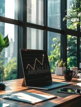 A sleek office space filled with natural light, showcasing a laptop with graphs, plants, and coffee, creating an inviting atmosphere for productivity.