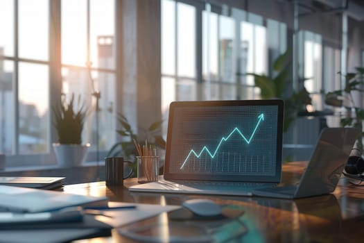 Natural light floods a sleek office space, where a laptop displays a rising business growth chart, surrounded by plants and office supplies.